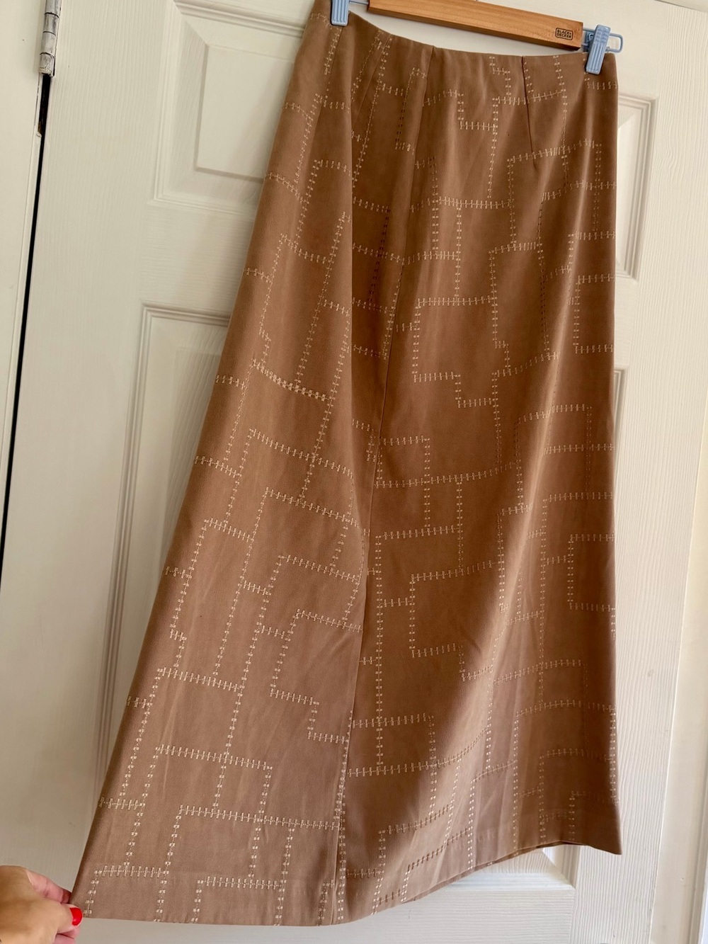 Tan Midi Skirt with Geometric Stitch Detail